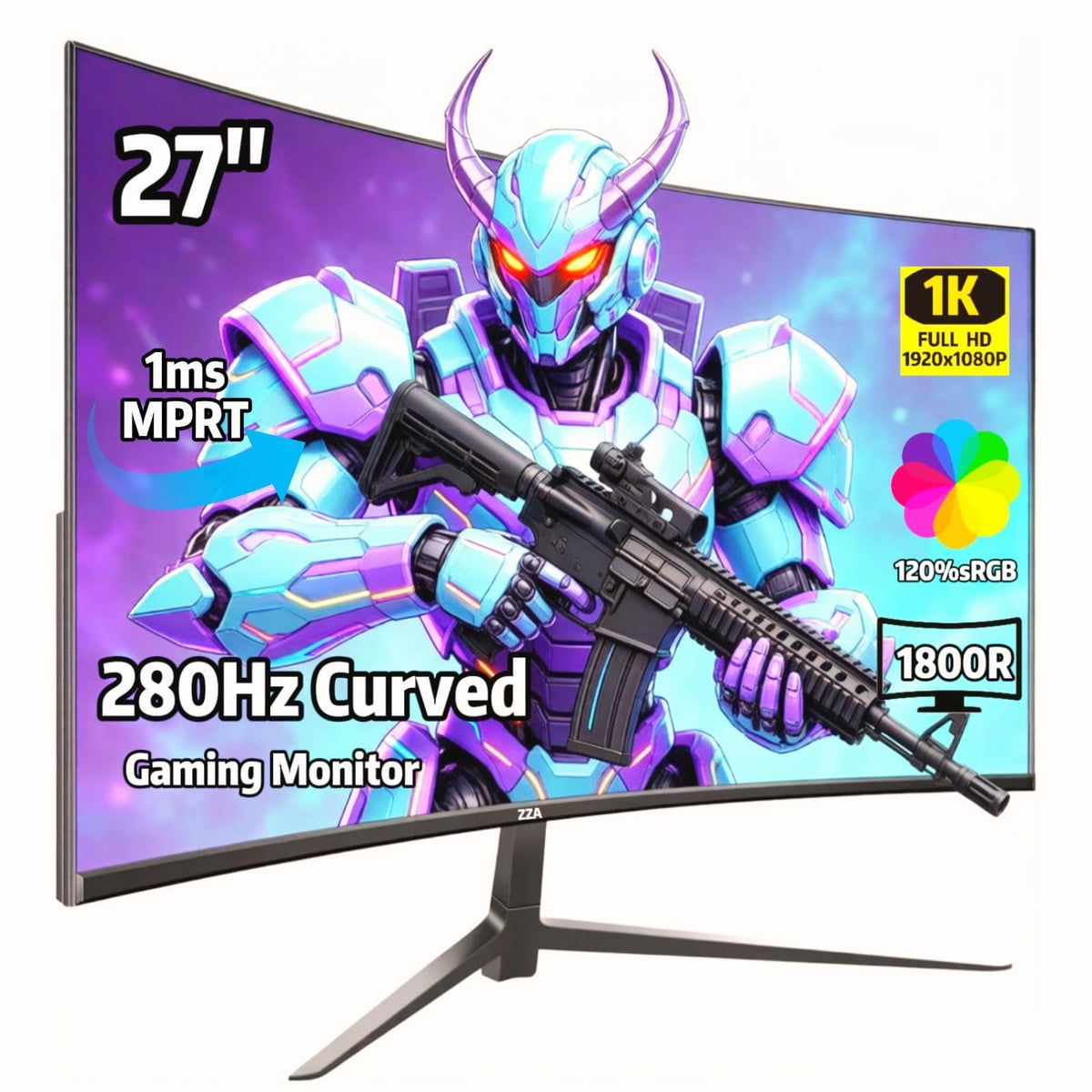 ZZA 27-inch curved monitor highlighting 280Hz capability for esports action