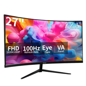 ZZA 27-inch curved monitor tilt adjustment for ergonomic viewing during long work sessions.