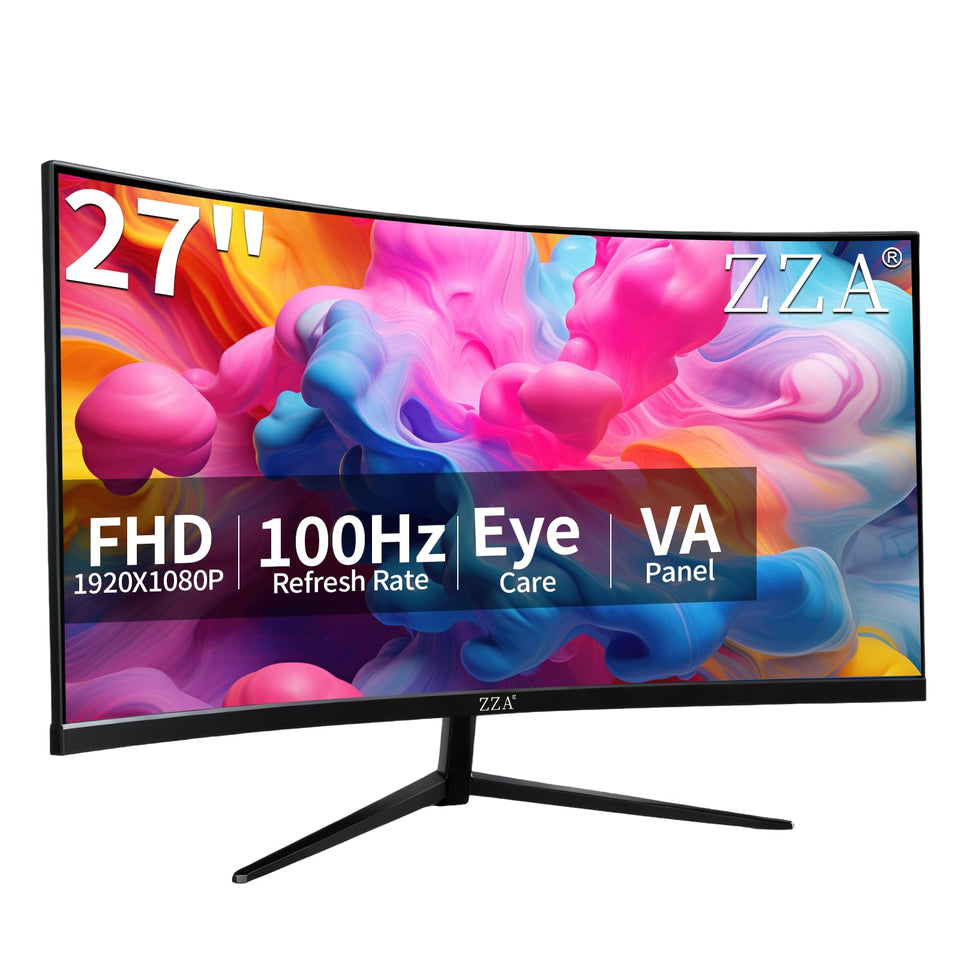 ZZA 27-inch curved monitor tilt adjustment for ergonomic viewing during long work sessions.