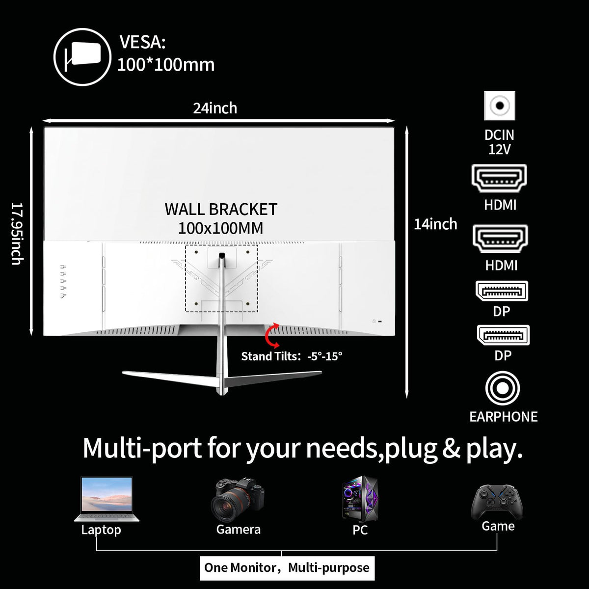 ZZA 27-inch white gaming monitor ergonomic tilt for comfortable setup
