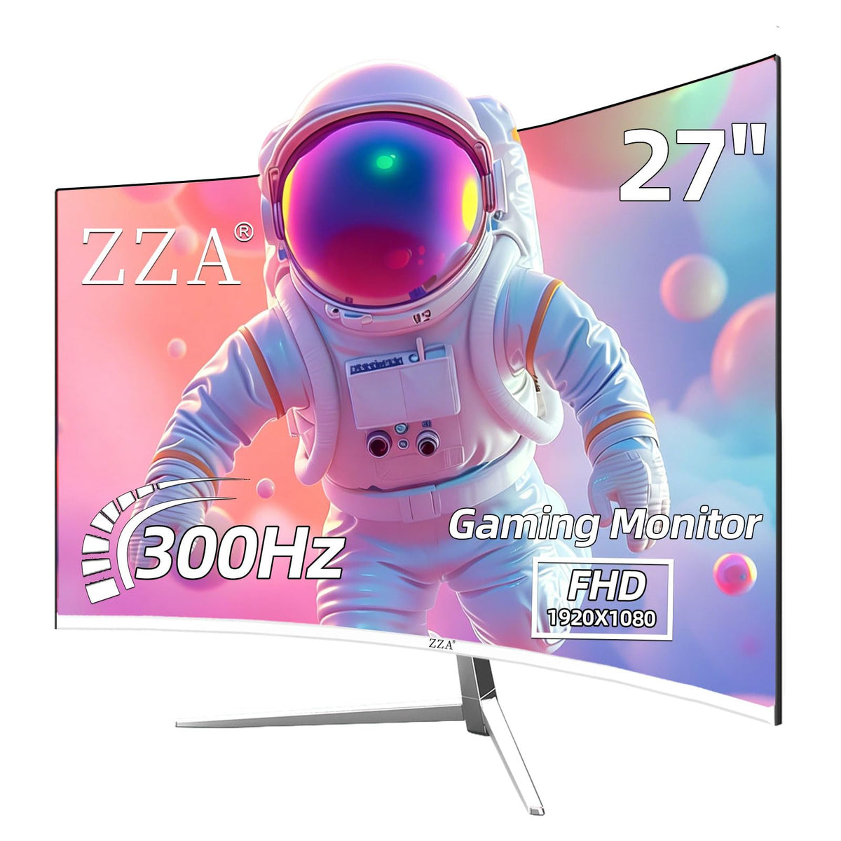 ZZA 27-inch white gaming monitor front view highlighting curved design for immersive play