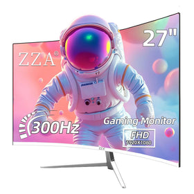 ZZA 27-inch white gaming monitor front view highlighting curved design for immersive play