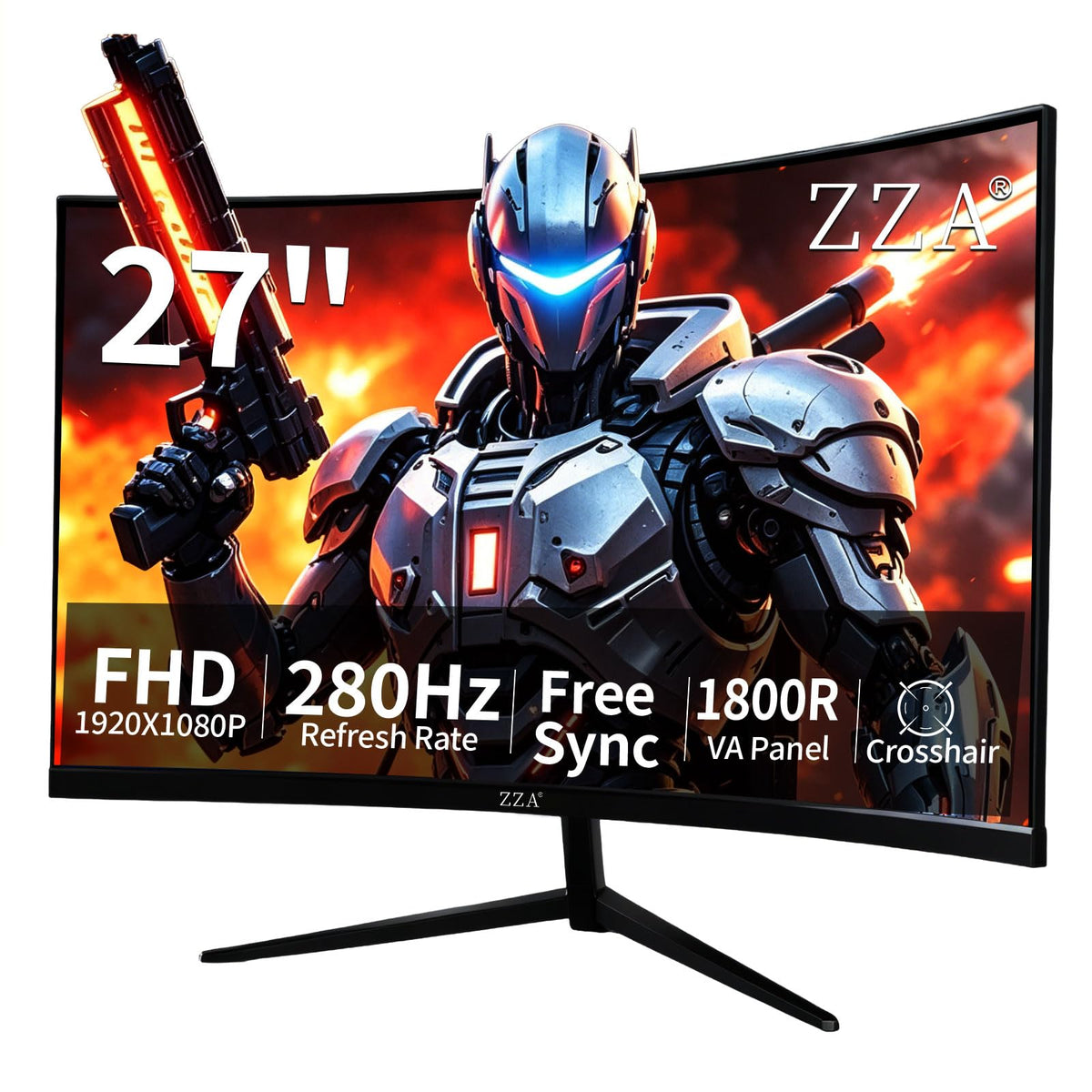 ZZA 27-inch curved gaming monitor showing immersive curve for cinematic gameplay.