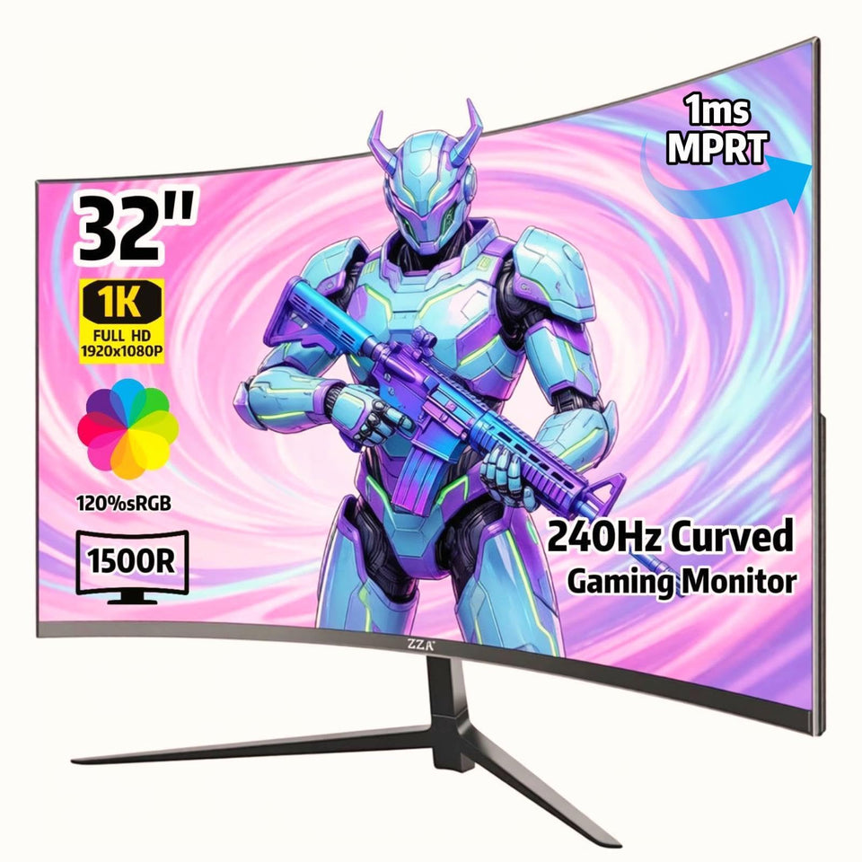 ZZA 32-inch curved monitor front view showing immersive gaming experience