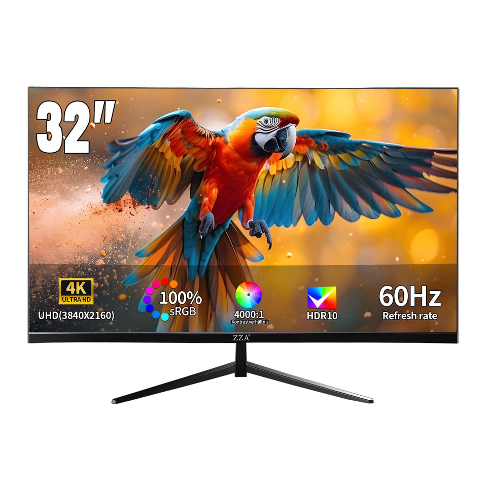 ZZA 32-inch 4K monitor front view shows immersive detail for gaming and media.