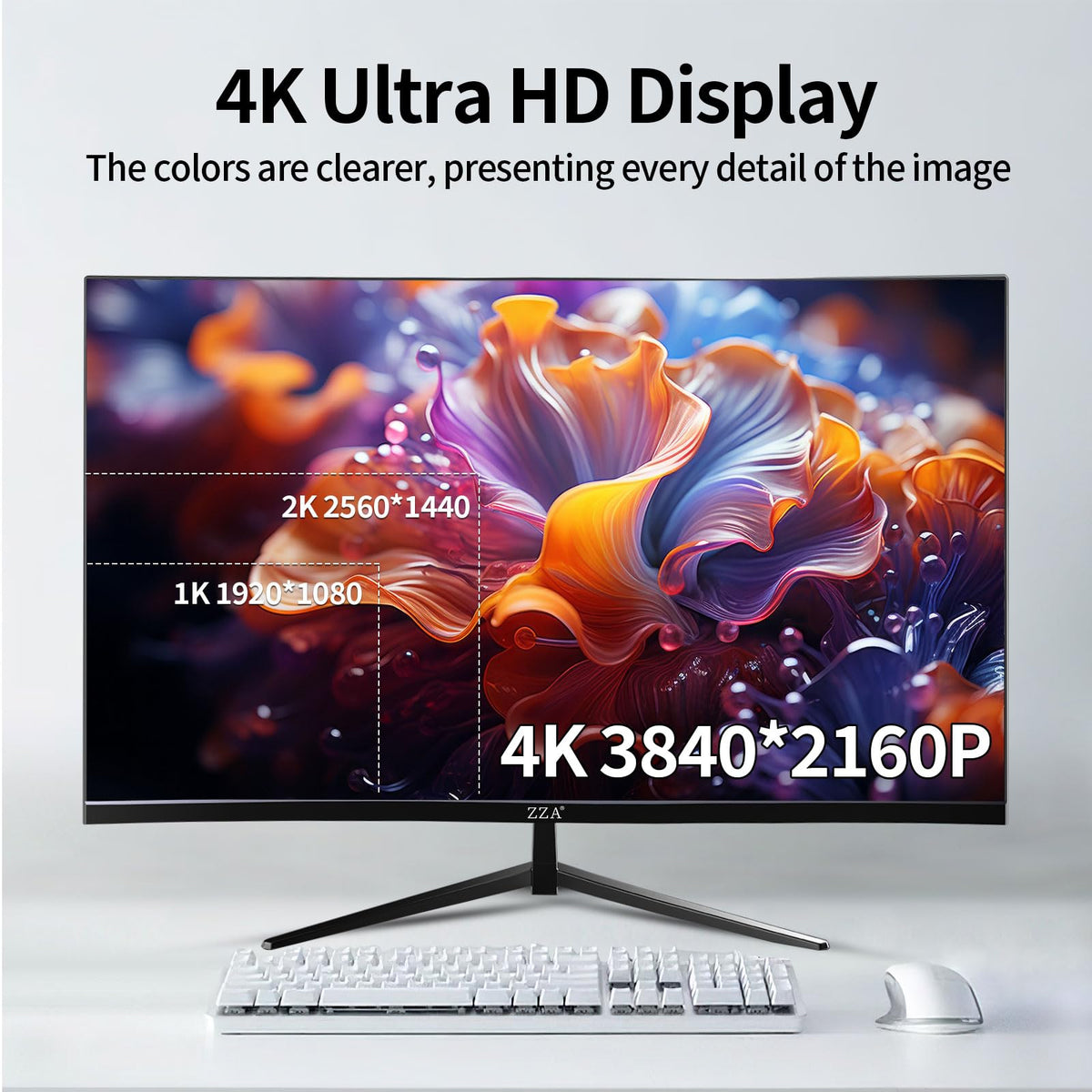ZZA monitor ports and stand emphasize ergonomic setup and easy connectivity.