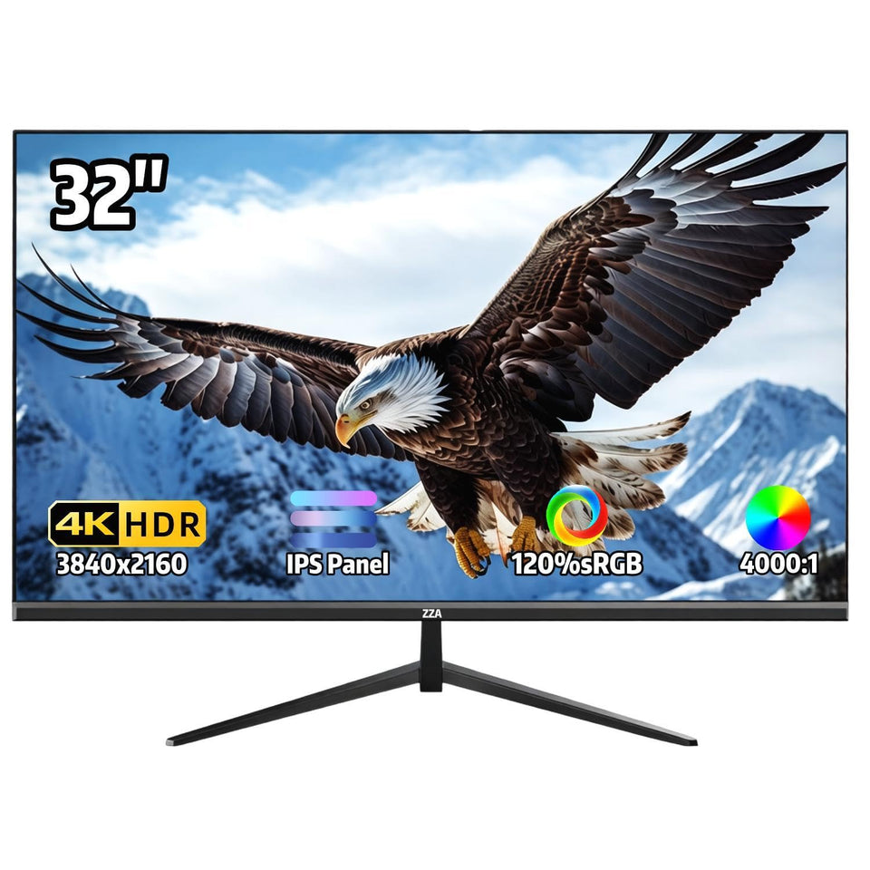 ZZA 32-inch 4K monitor with tilt-adjustable stand for comfortable viewing.