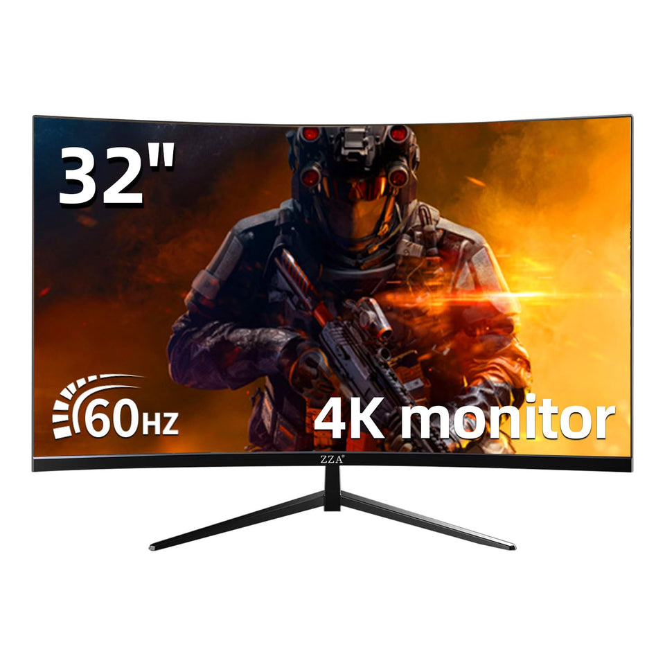 ZZA 32-inch curved monitor front view showcasing immersive 4K clarity for work and play.