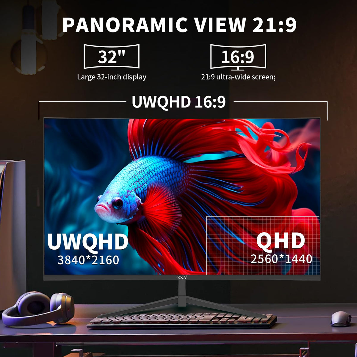 ZZA 32-inch curved monitor color sample illustrating accurate 100% sRGB for editing tasks.