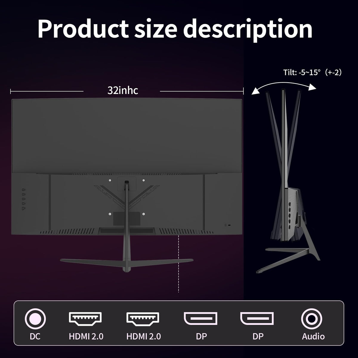 ZZA 32-inch curved monitor connectivity ports with HDMI 2.0 and DP inputs for easy setup.