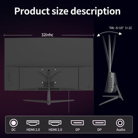 ZZA 32-inch curved monitor connectivity ports with HDMI 2.0 and DP inputs for easy setup.