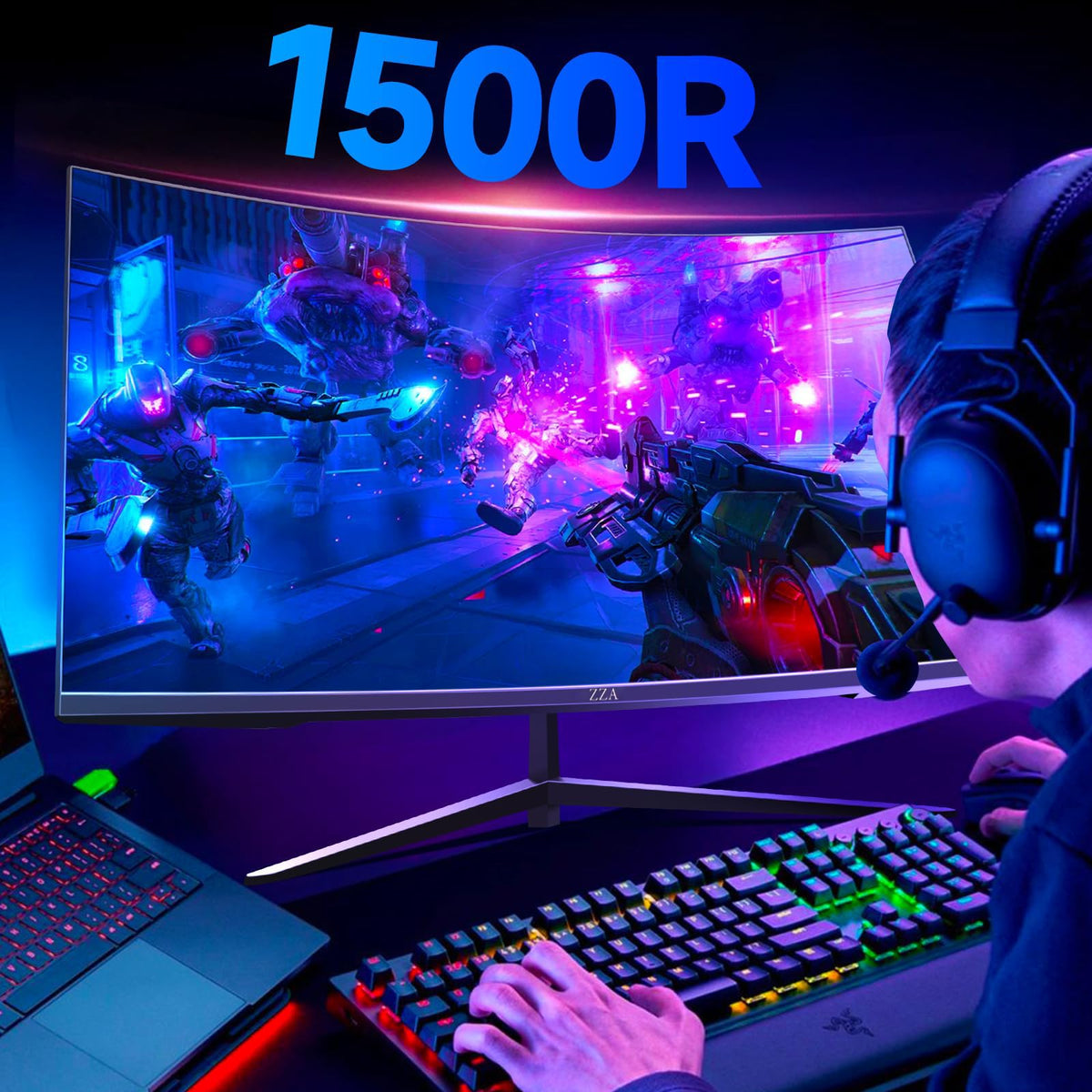 ZZA 32-inch curved monitor blue light reduction for comfortable long sessions.
