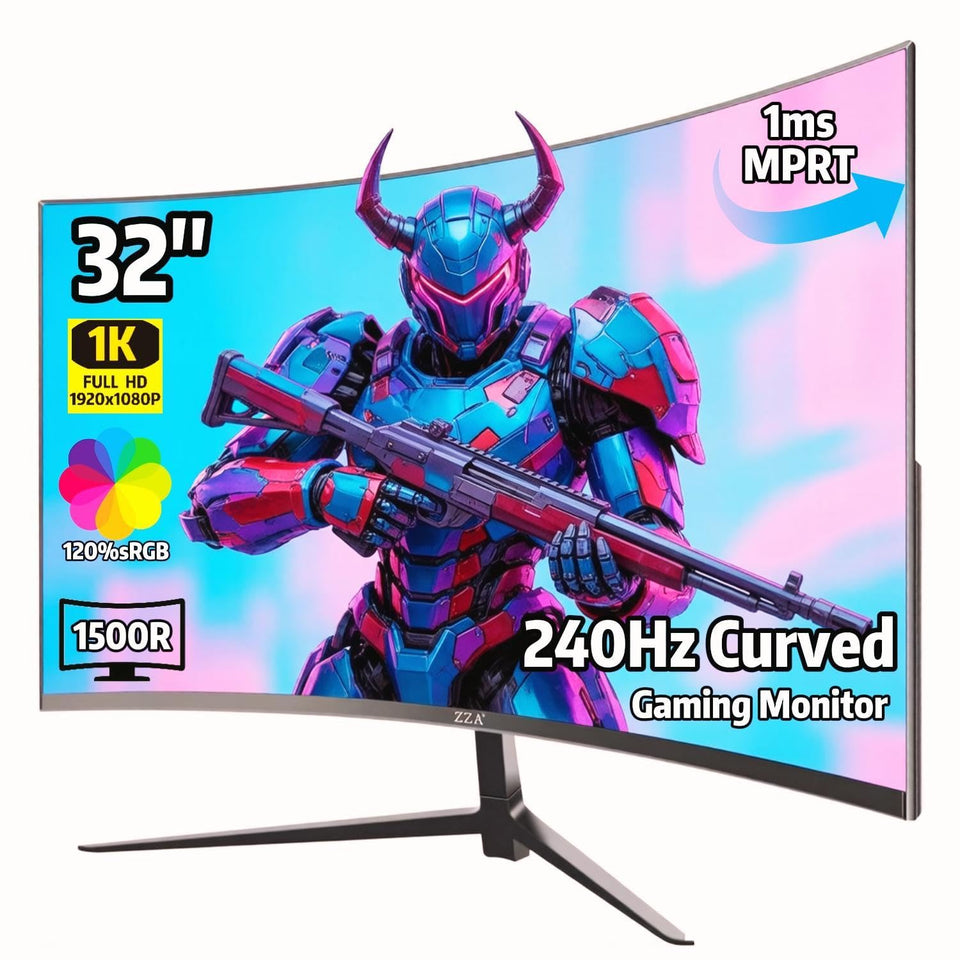 ZZA 32-inch curved monitor front view for immersive gaming.