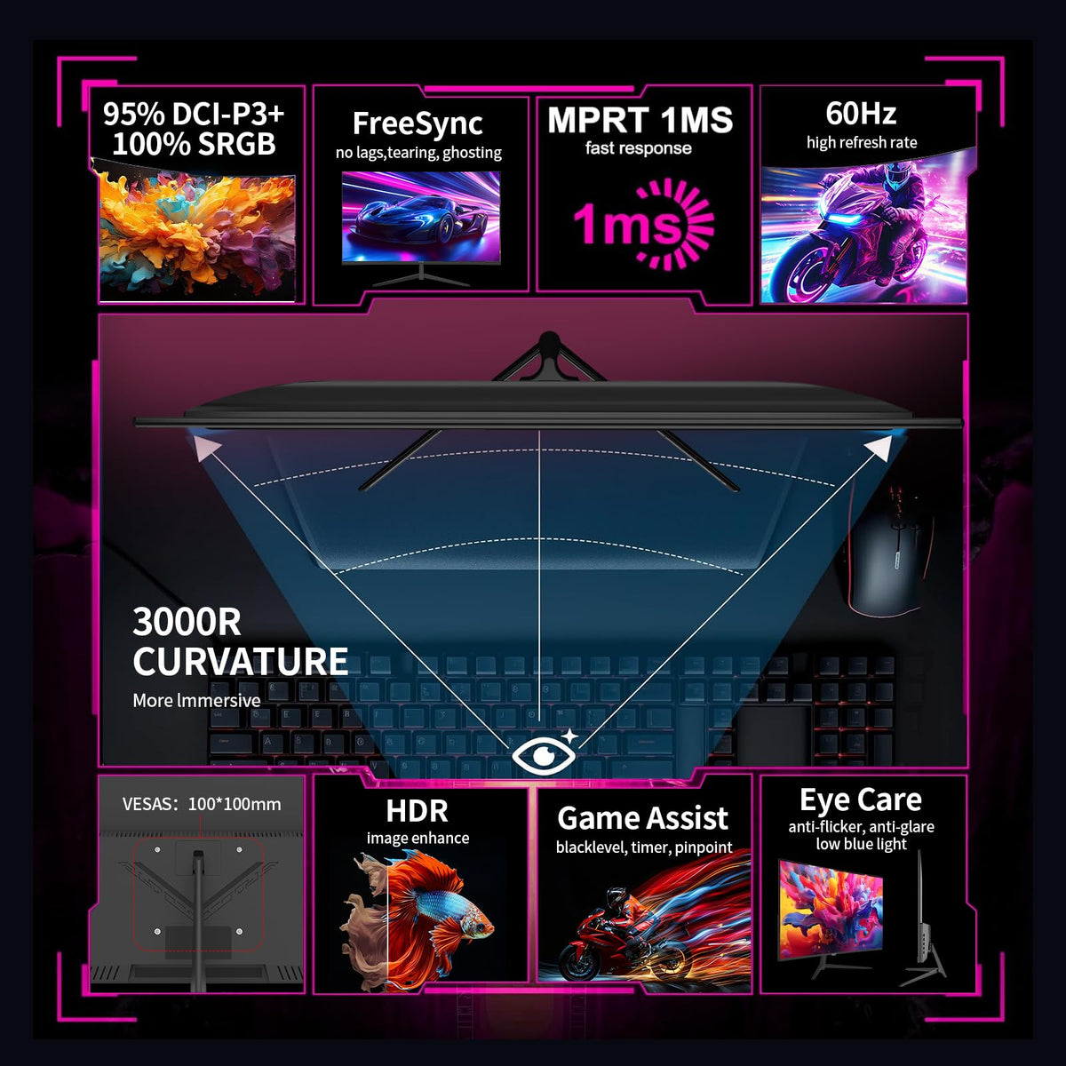 ZZA 32-inch curved monitor with VESA mount enabling wall or desk mounting.
