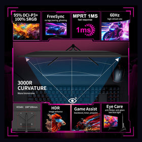 ZZA 32-inch curved monitor with VESA mount enabling wall or desk mounting.