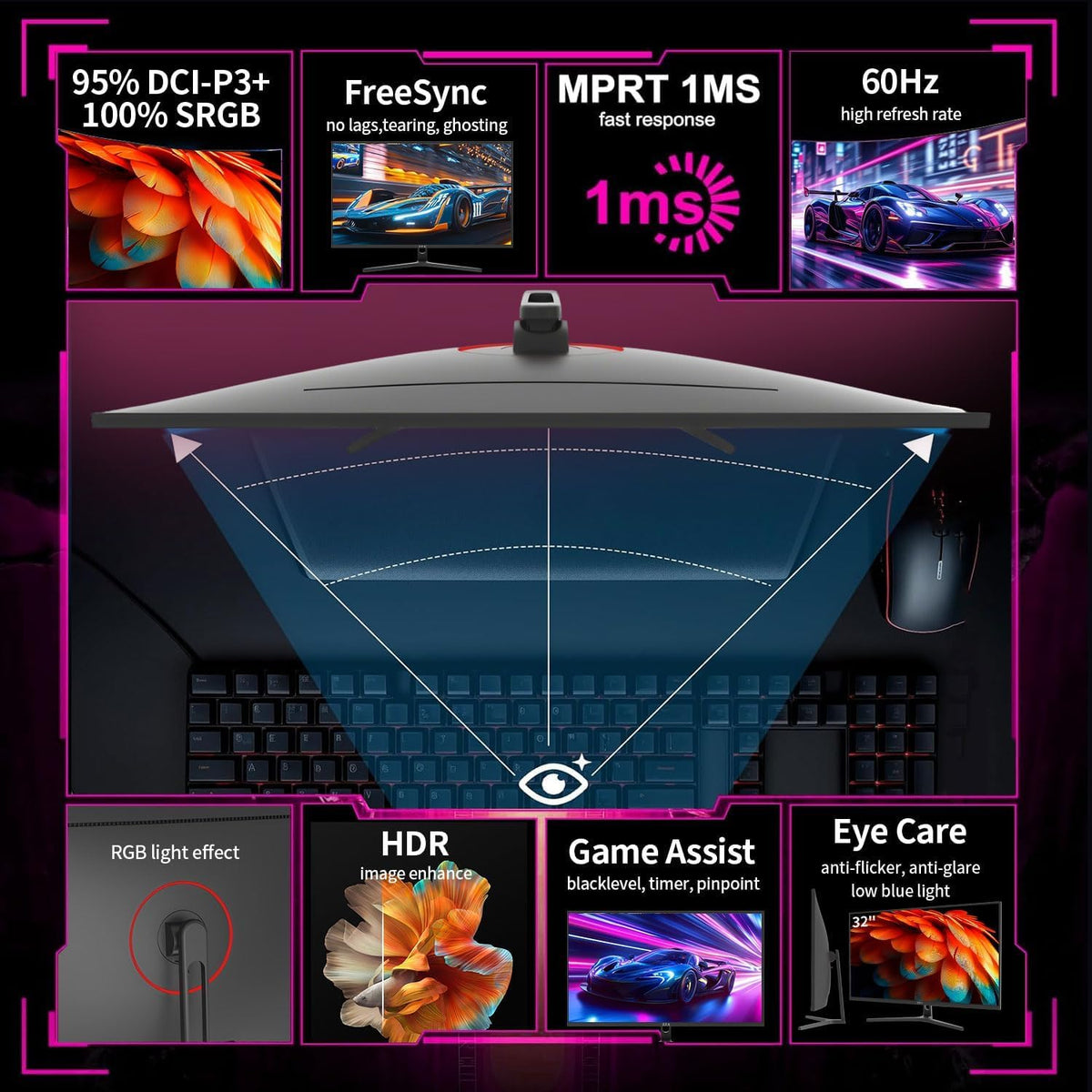 ZZA 32-inch curved monitor delivering immersive visuals for work and play.