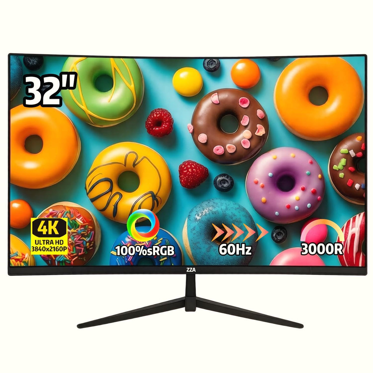 ZZA 32-inch 4K curved monitor front view showing immersive color and detail.