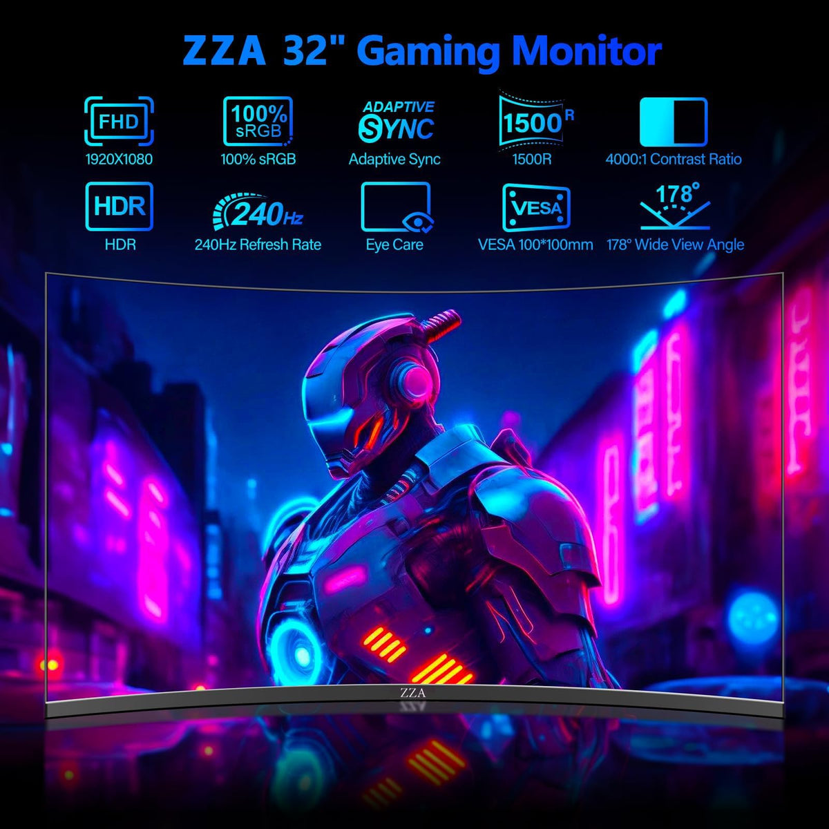 ZZA 32-inch curved monitor action shot showing smooth 240Hz performance.