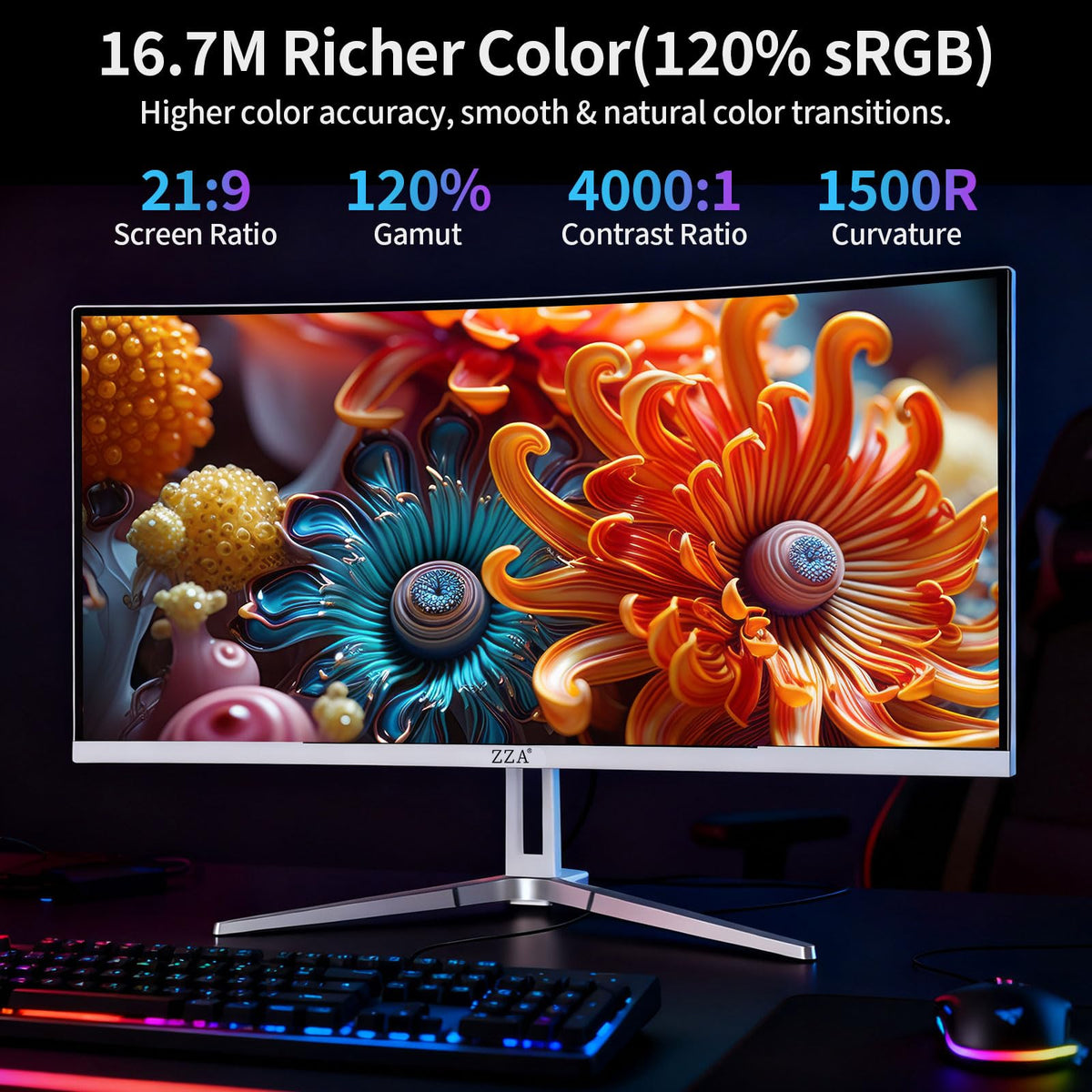 ZZA 34-inch with 120% sRGB color for vibrant visuals.