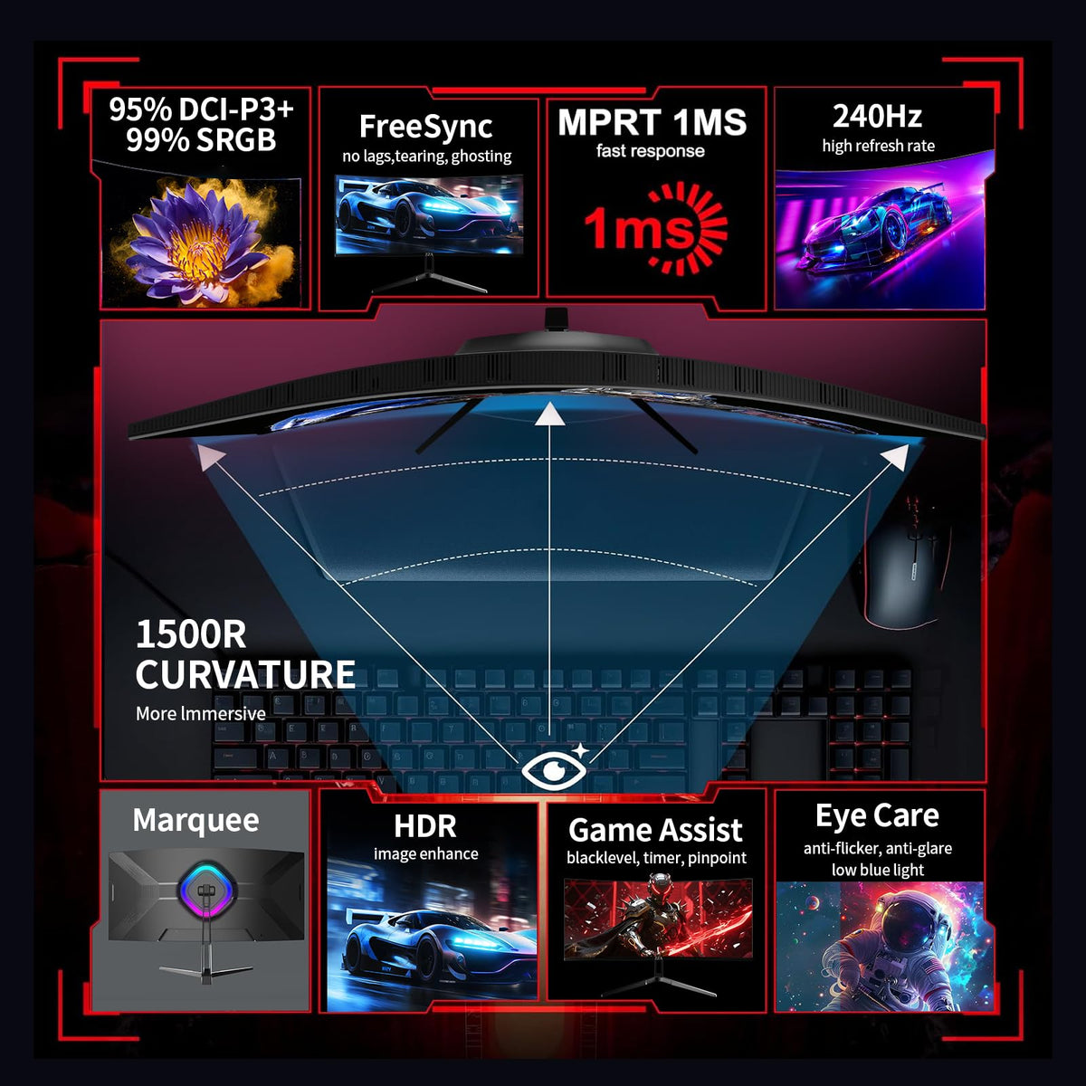 ZZA 34-inch curved monitor's 1500R curvature creates an immersive wraparound feel.