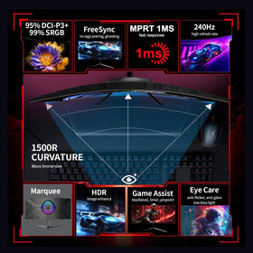 ZZA 34-inch curved monitor's 1500R curvature creates an immersive wraparound feel.