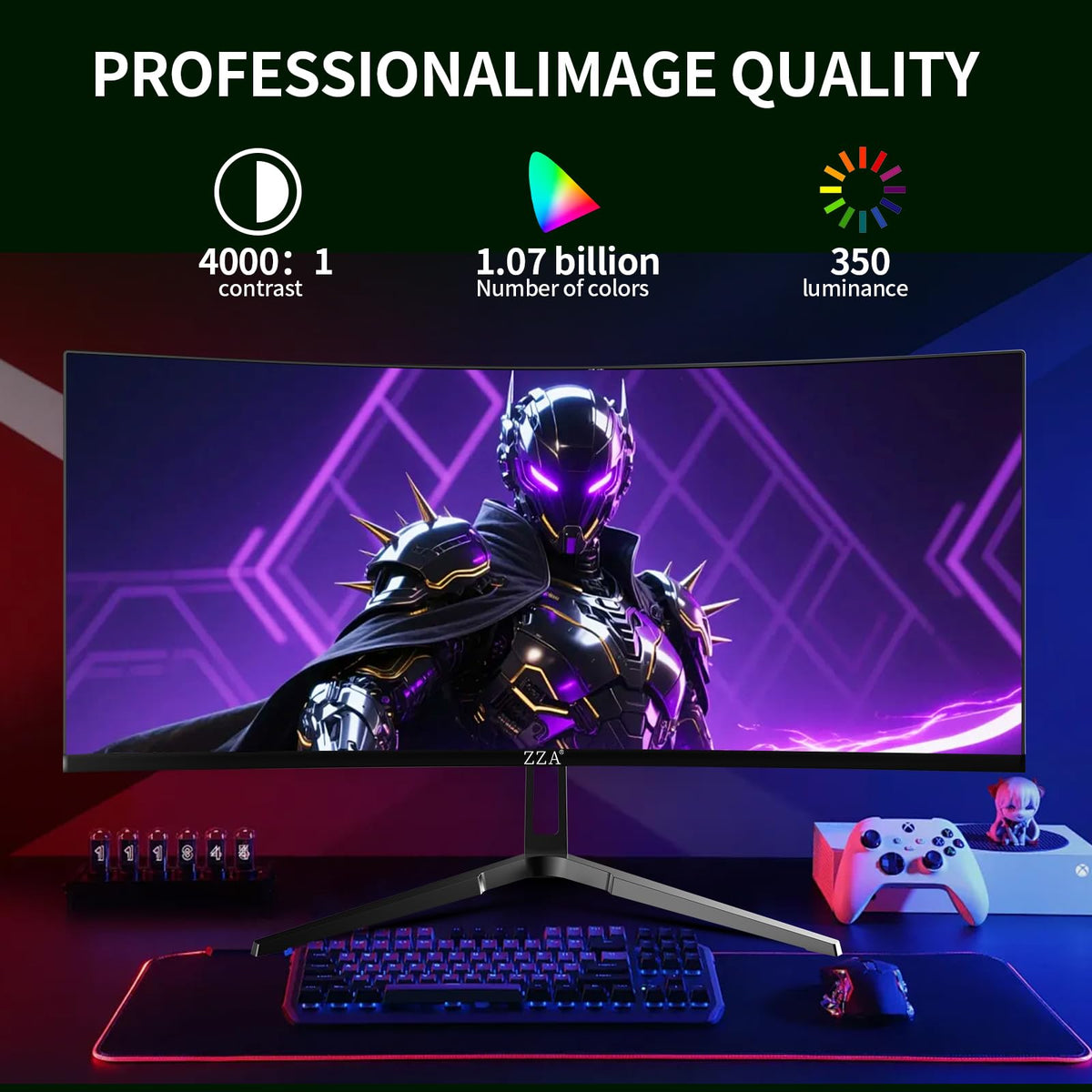 ZZA 34-inch curved monitor GTG 1ms response reduces motion blur.