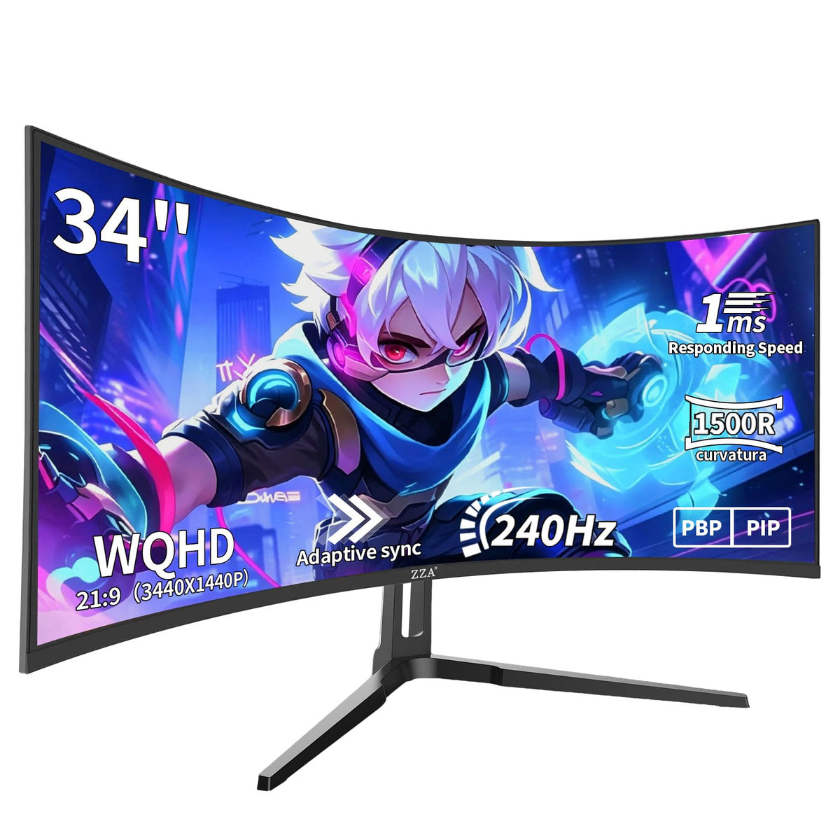 ZZA 34-inch curved monitor offers immersive view for expansive gaming and multitasking.