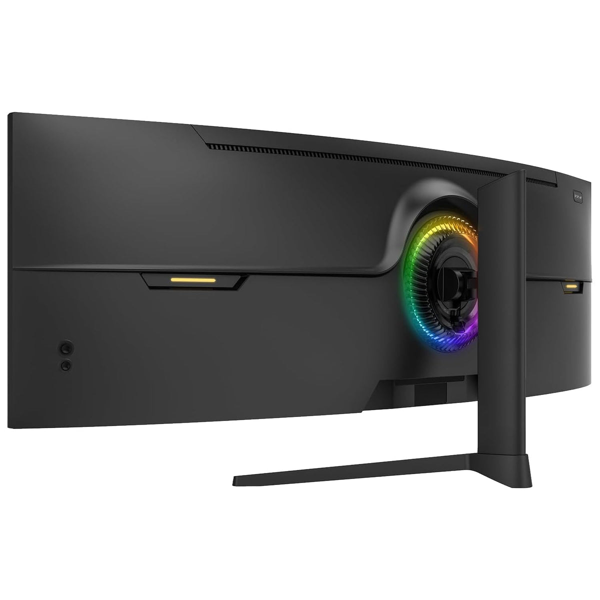 ZZA 49 curved gaming monitor desk setup for work or play.