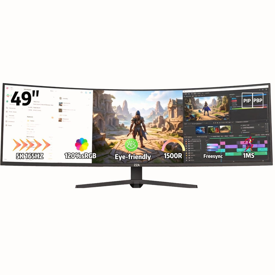 ZZA 49-inch curved gaming monitor delivering immersive DQHD visuals.