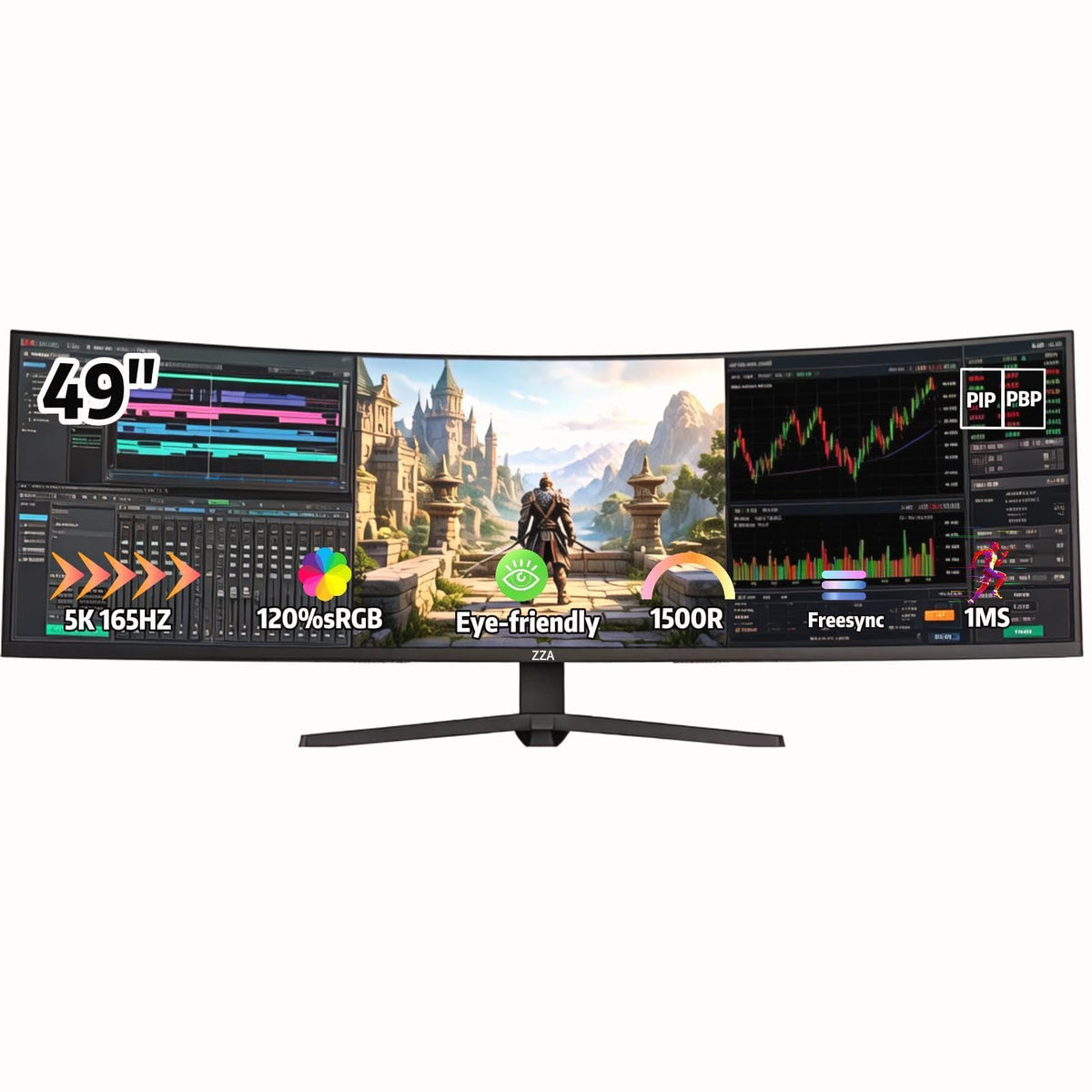ZZA 49 curved gaming monitor front view for immersive gameplay.