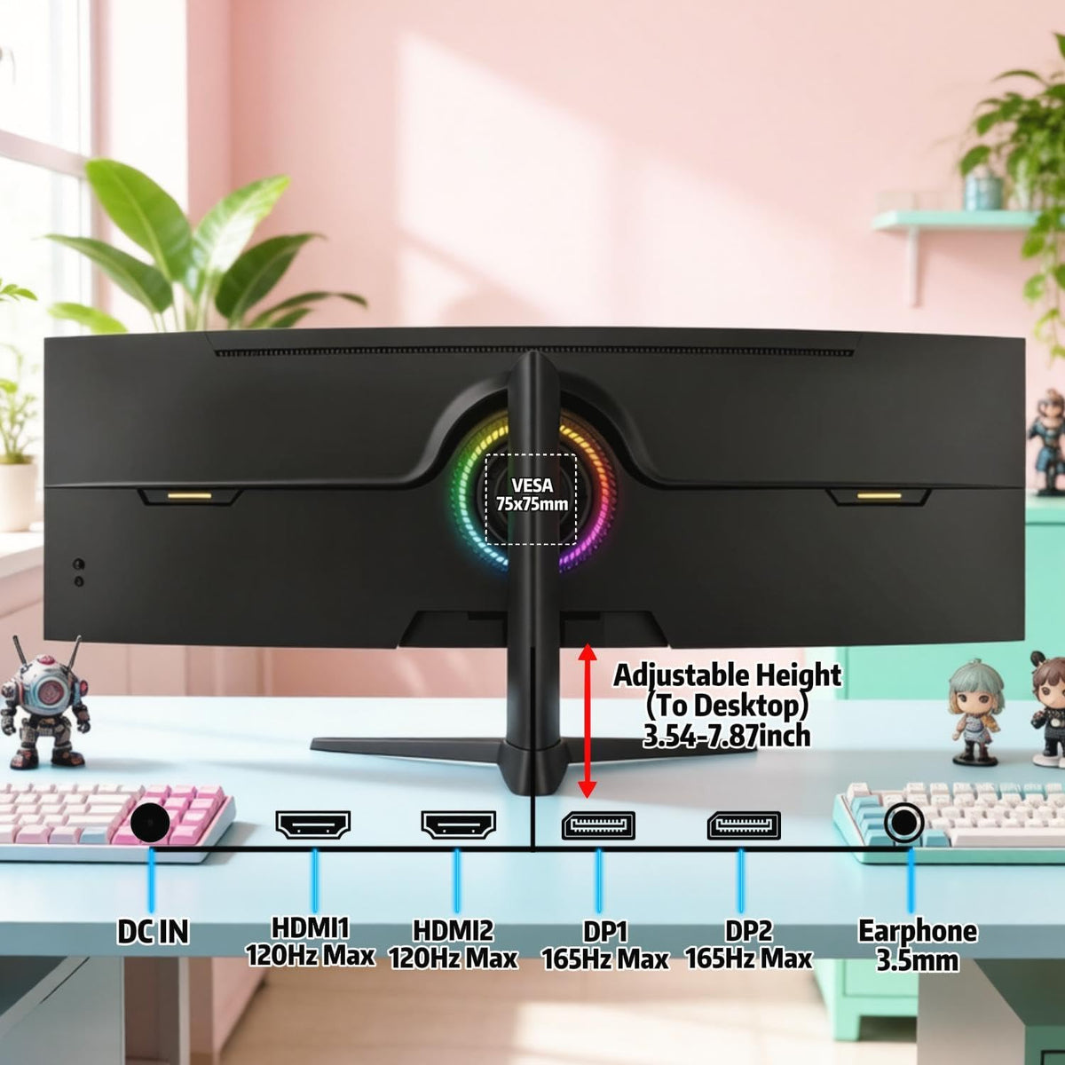 ZZA 49 curved gaming monitor side profile highlighting curvature.
