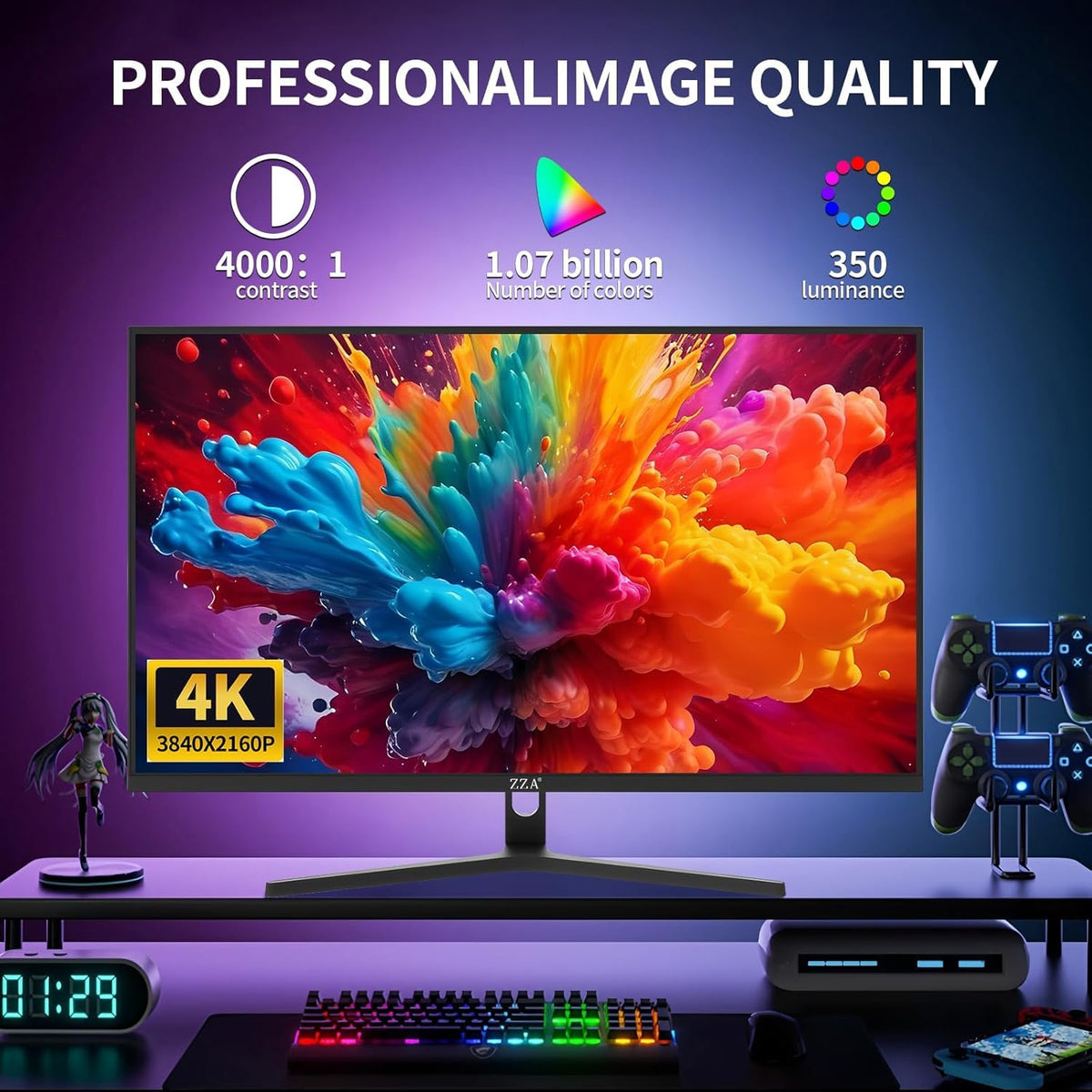 ZZA 4K gaming monitor with HDR10 for vibrant gameplay and media.