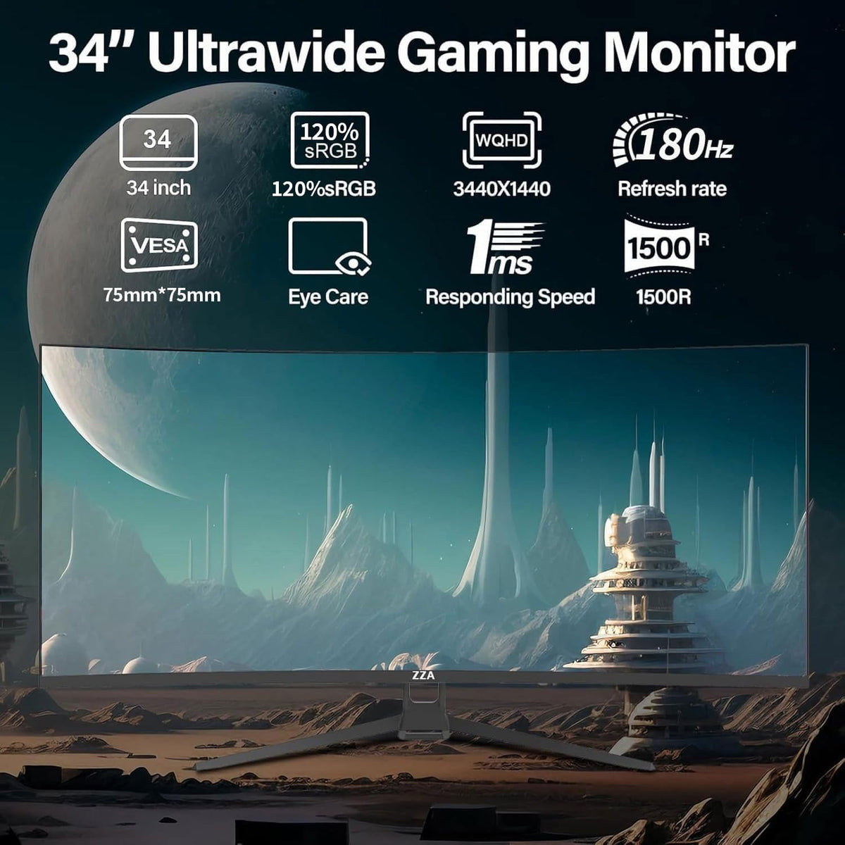 ZZA UltraWide curved monitor curved edge view emphasizes expansive screen for immersive gaming