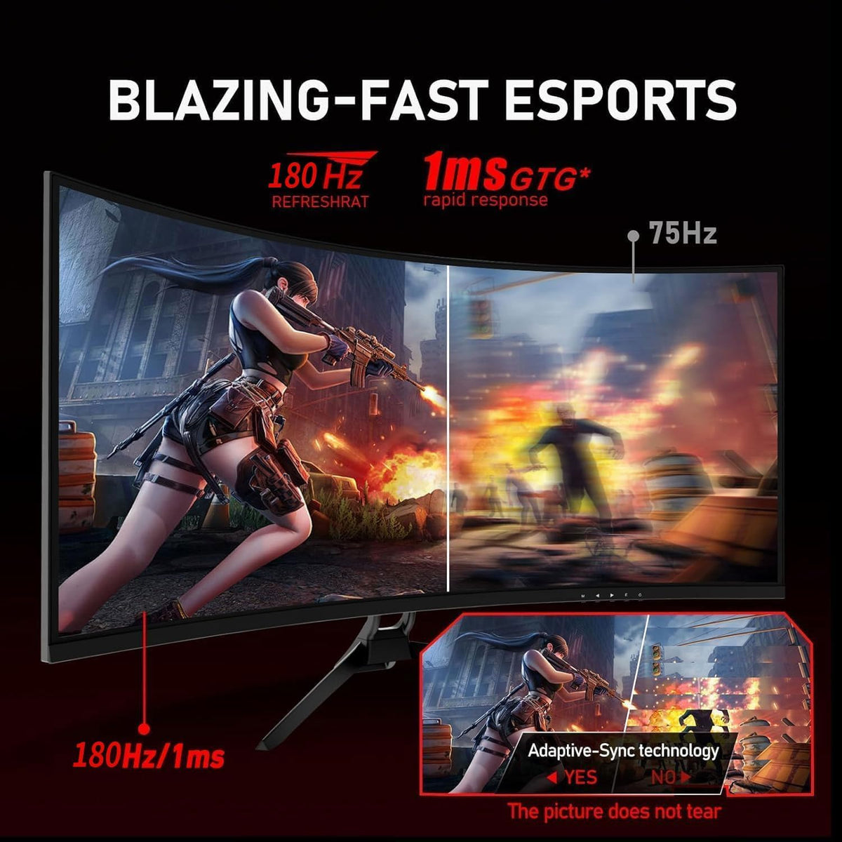 ZZA UltraWide curved monitor FreeSync image shows smooth tearing-free gameplay