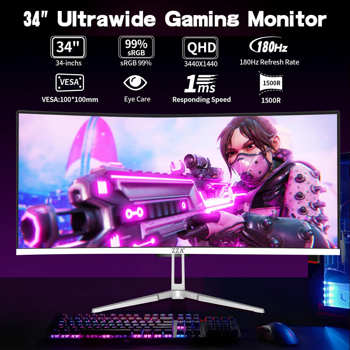 ZZA 3440x1440 WQHD resolution delivers sharp details.