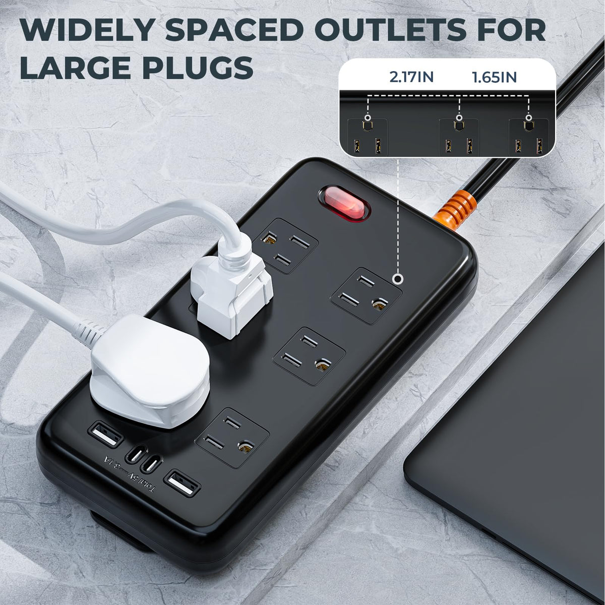 ZZJ heavy-duty 10ft cord with 45-degree flat plug, space-saving and strain-resistant