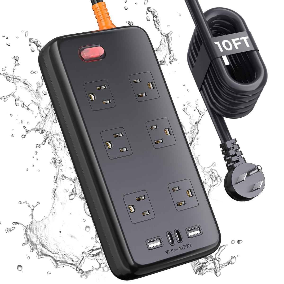 ZZJ front view of weatherproof surge protector showing outlets and ports, durable outdoor power
