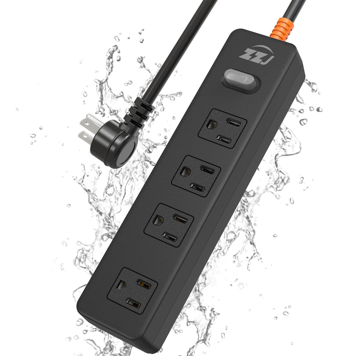 ZZJ front view of power strip showing weatherproof housing and four outlets for reliable outdoor power