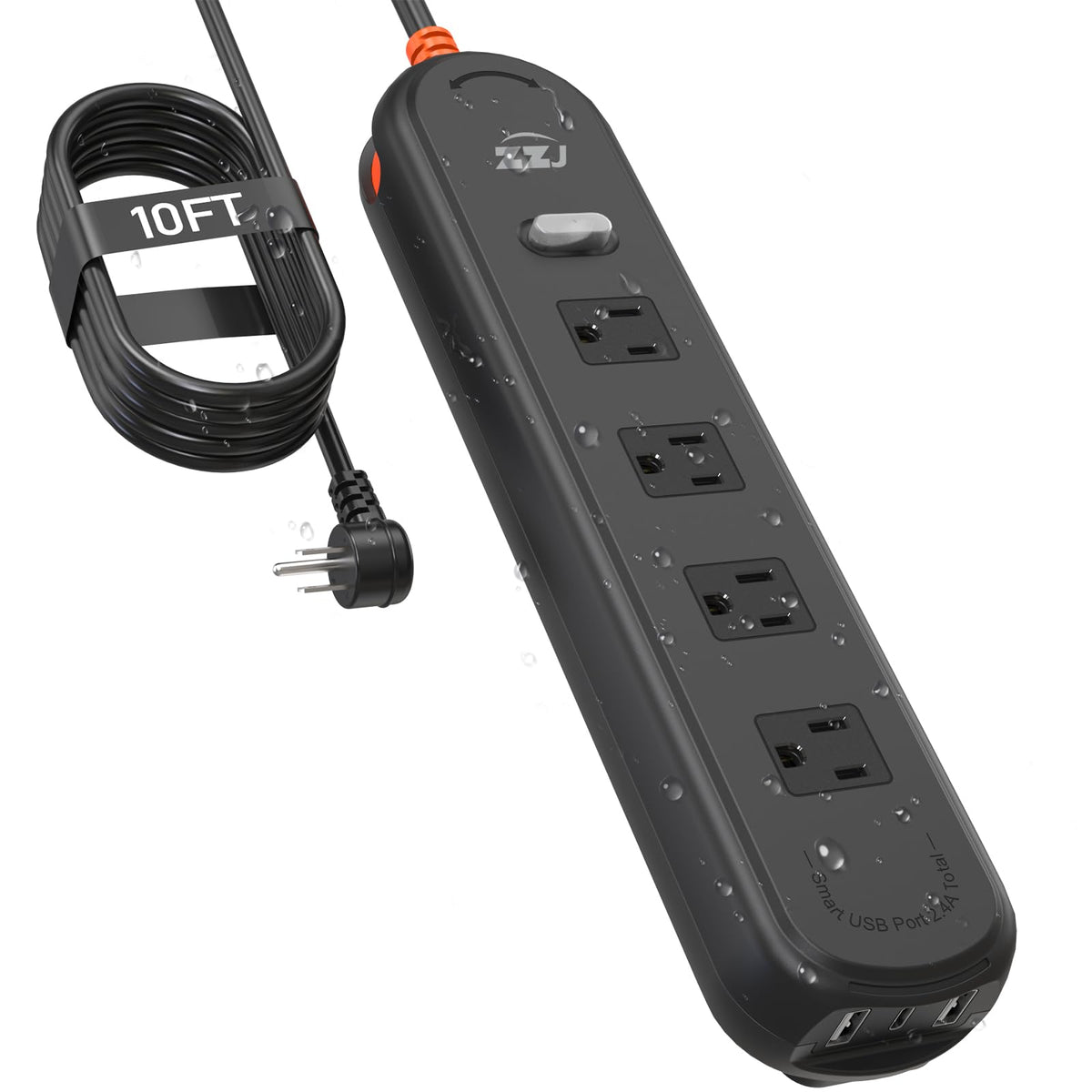 ZZJ outdoor power strip front view showing outlets and switches for safe multi-device use