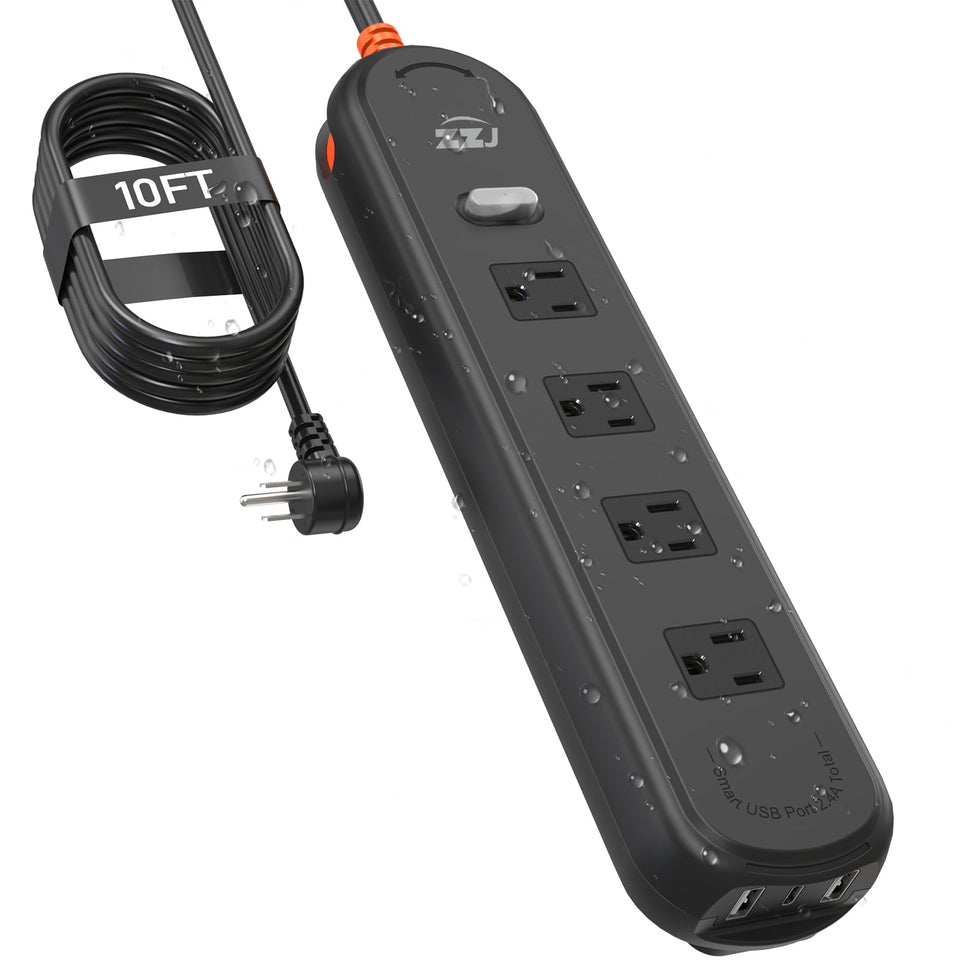 ZZJ outdoor power strip front view showing outlets and switches for safe multi-device use