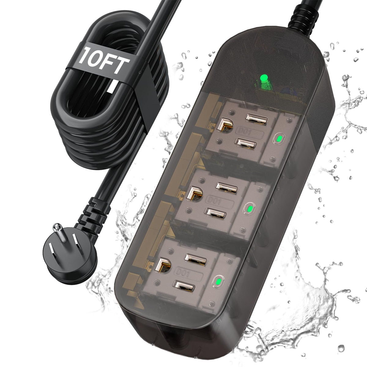 ZZJ transparent front view showing three wide outlets and IPX6 protection benefits